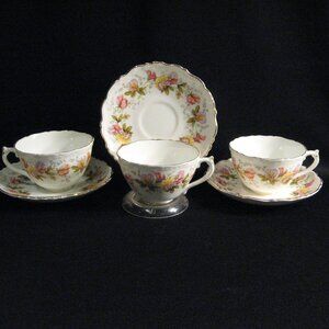 COALPORT MARILYN BONE CHINA FOOTED CUPS & SAUCERS - 3 SETS - ENGLAND
